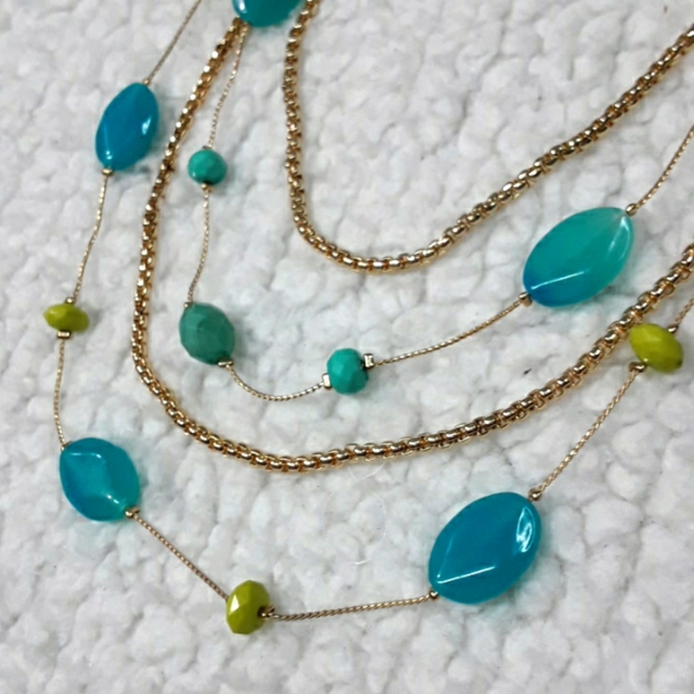 NWT New York & Company Necklace Quadruple Layer Single Fastener Gold Blue Green